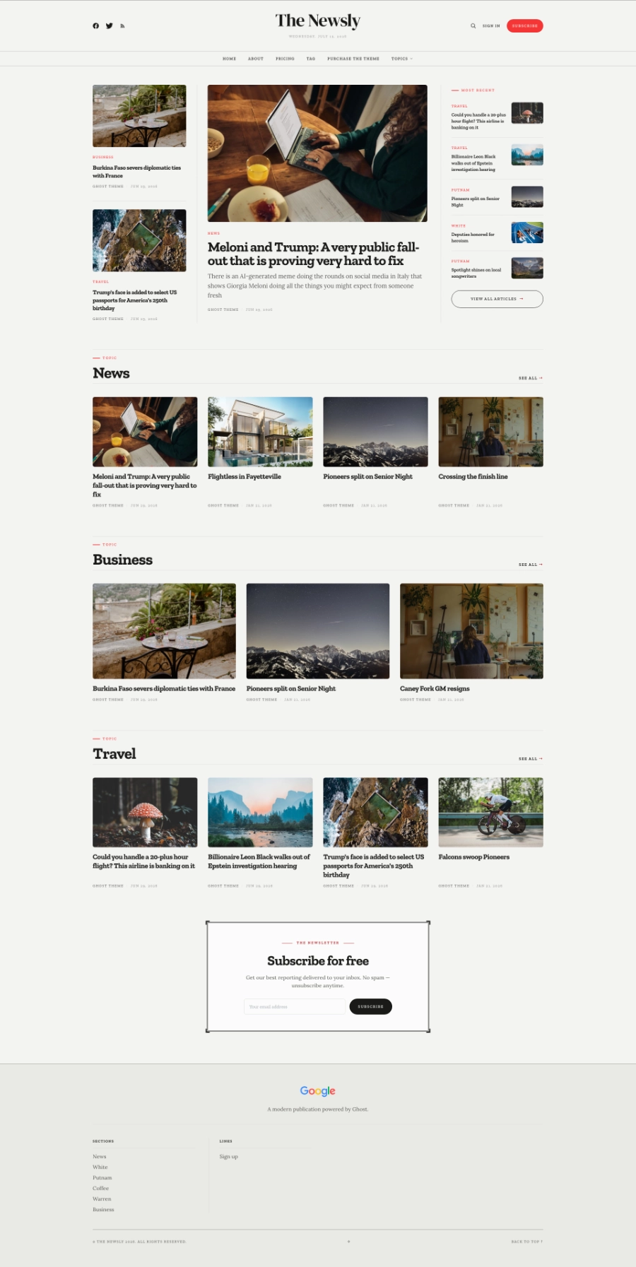 Newsly Ghost theme preview
